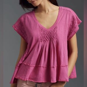 By Anthropologie short sleeve smocked v-neck swing tee